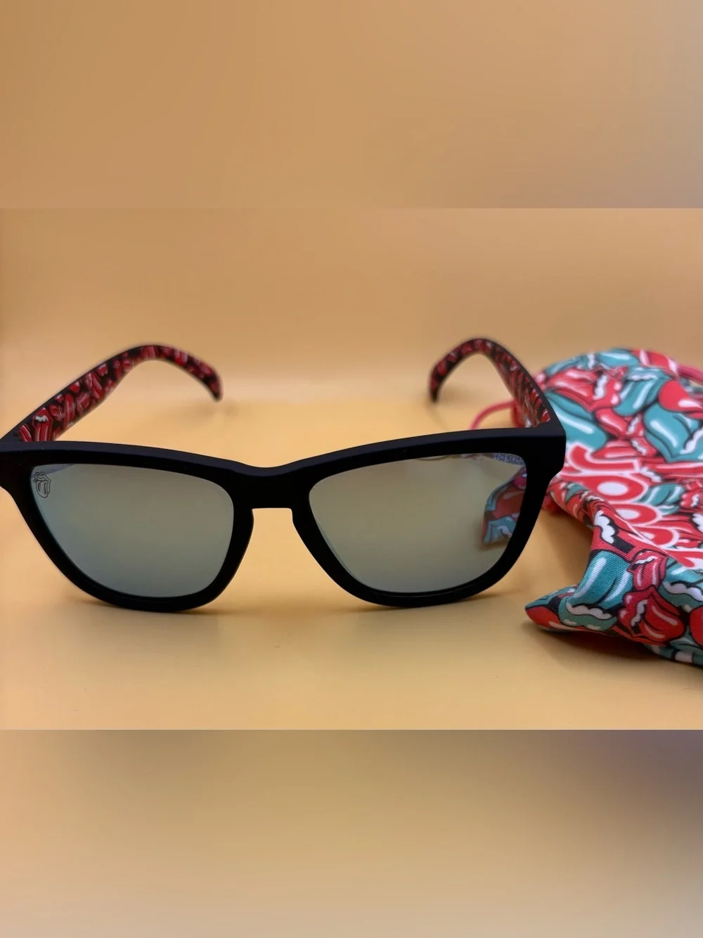 Rolling Stone Sunglasses with Red Patterned Temples with matching pouch